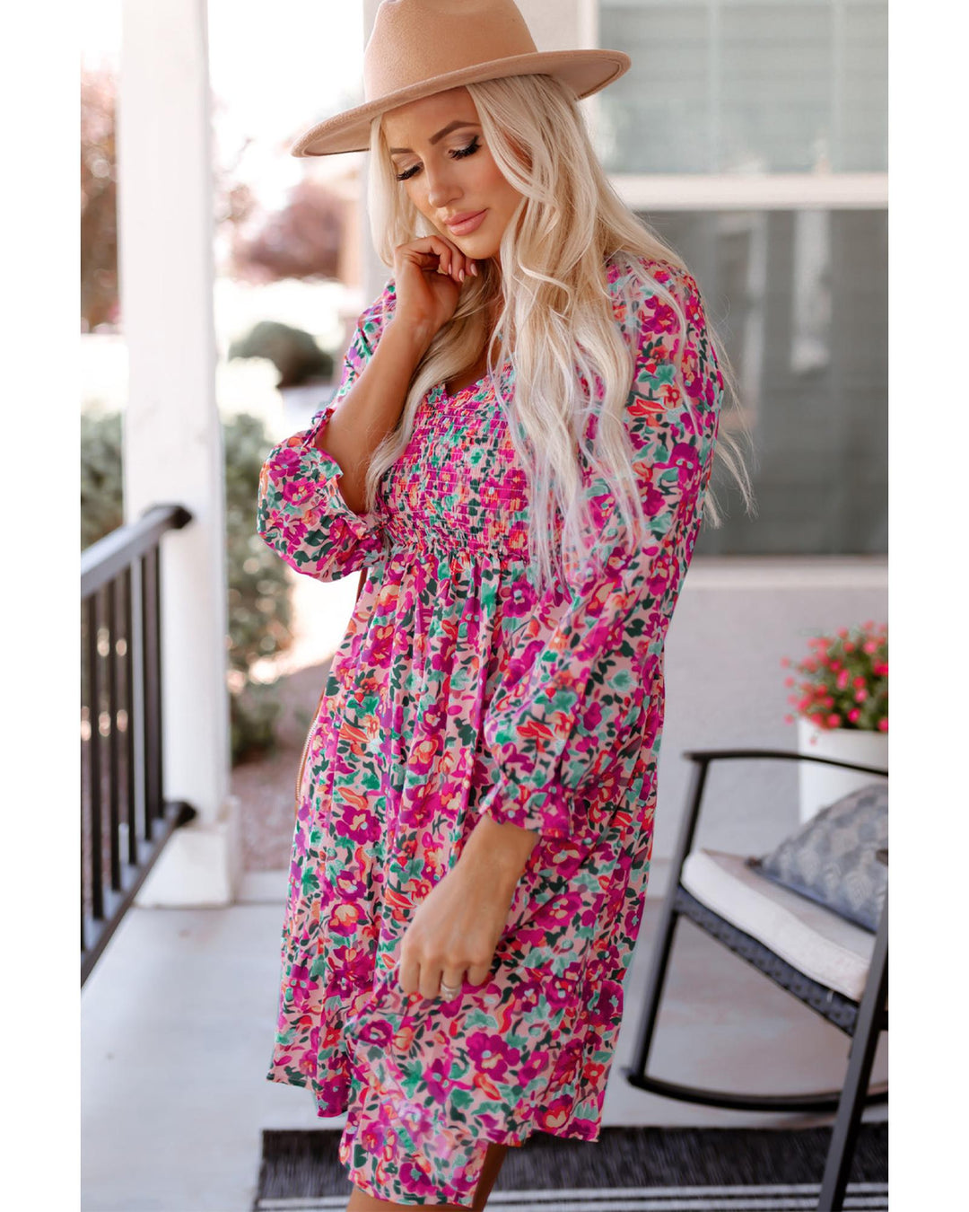 Purple Smocked V Neck Puffy Sleeve Floral Dress - S