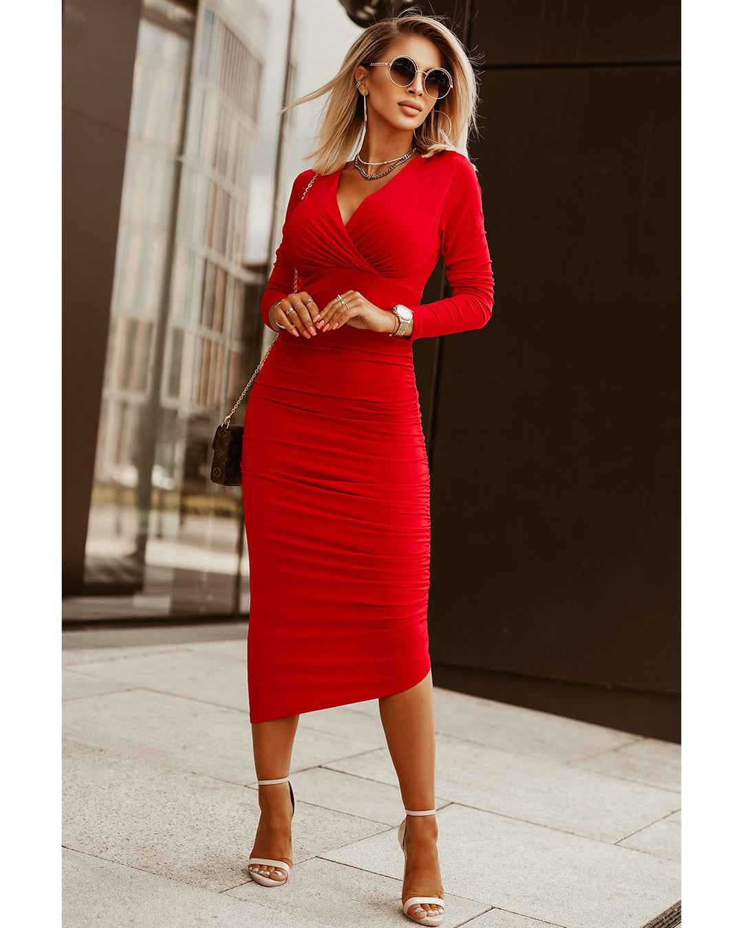 Fiery Red Long Sleeves Wrap V Neck Ruched Sheath Bodycon Dress - XL