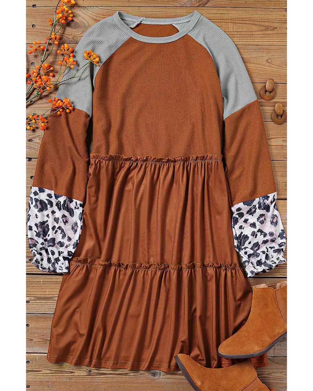 Brown Waffle Knit Leopard Patchwork Long Sleeve Dress - M
