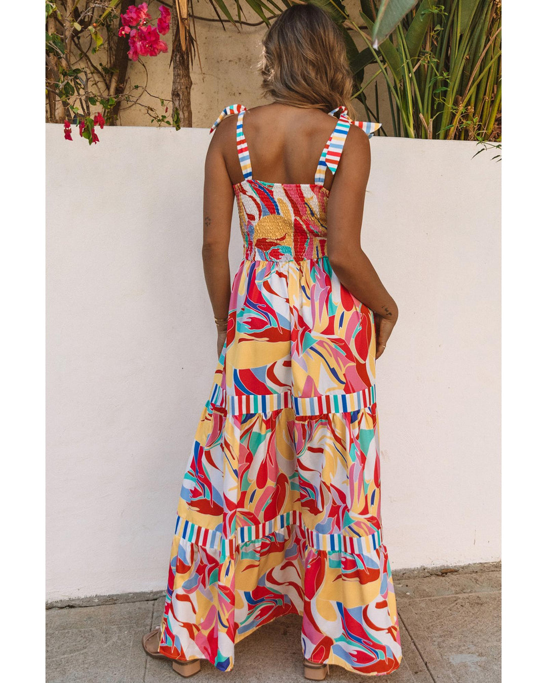 Multicolor Abstract Print Striped Trim Maxi Sundress - XL
