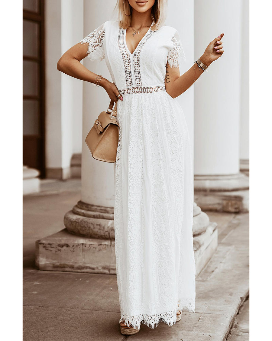 Azura Exchange White Blue Fill Your Heart Lace Maxi Dress - L