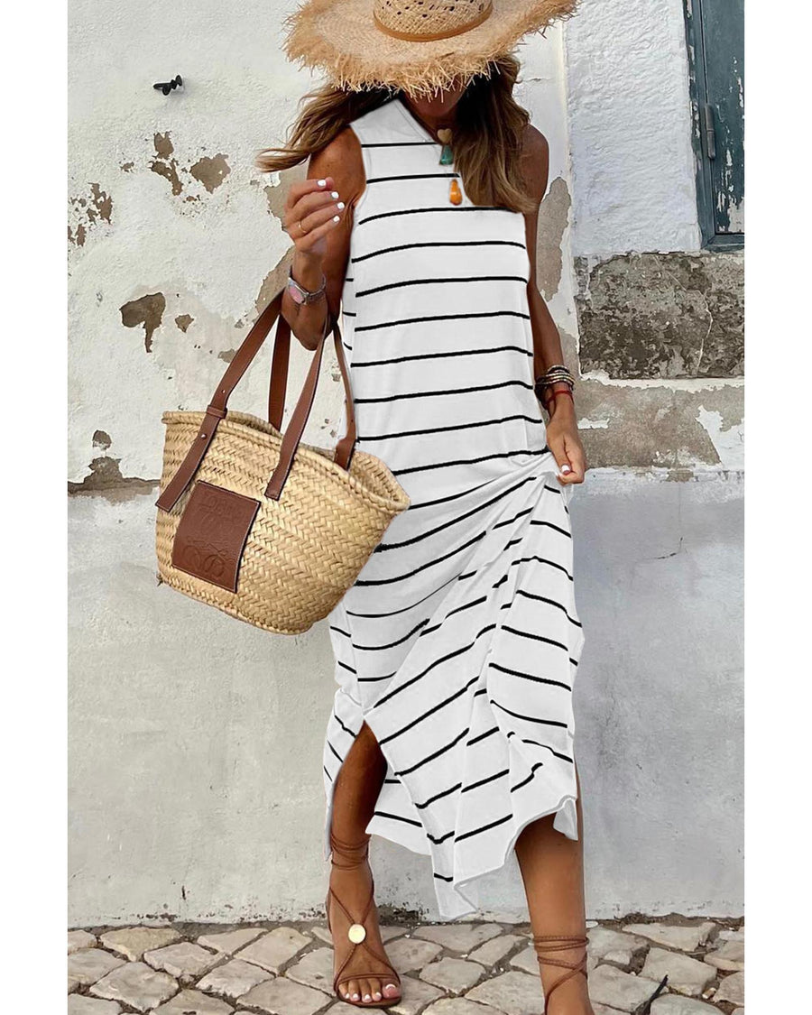 White Stripe Print Open Back Sleeveless Maxi Dress with Slits - M