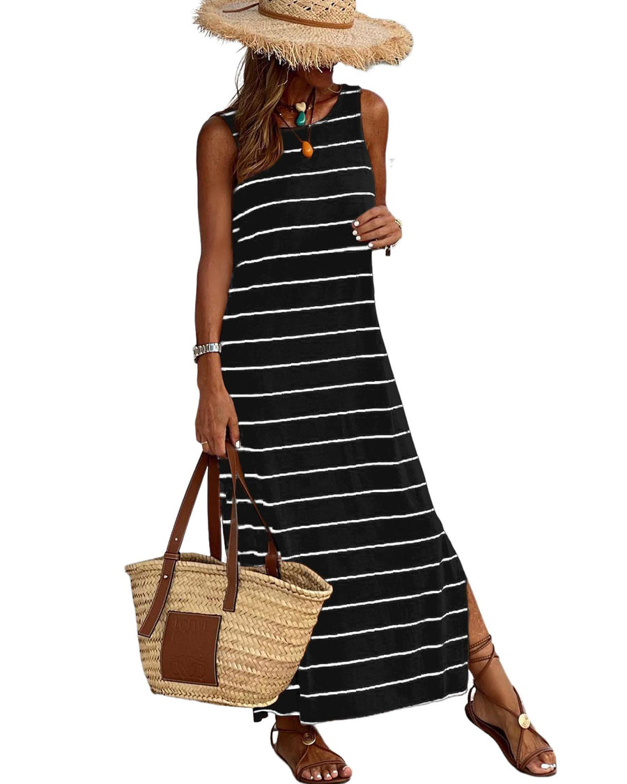 Black Stripe Print Open Back Sleeveless Maxi Dress with Slits - M