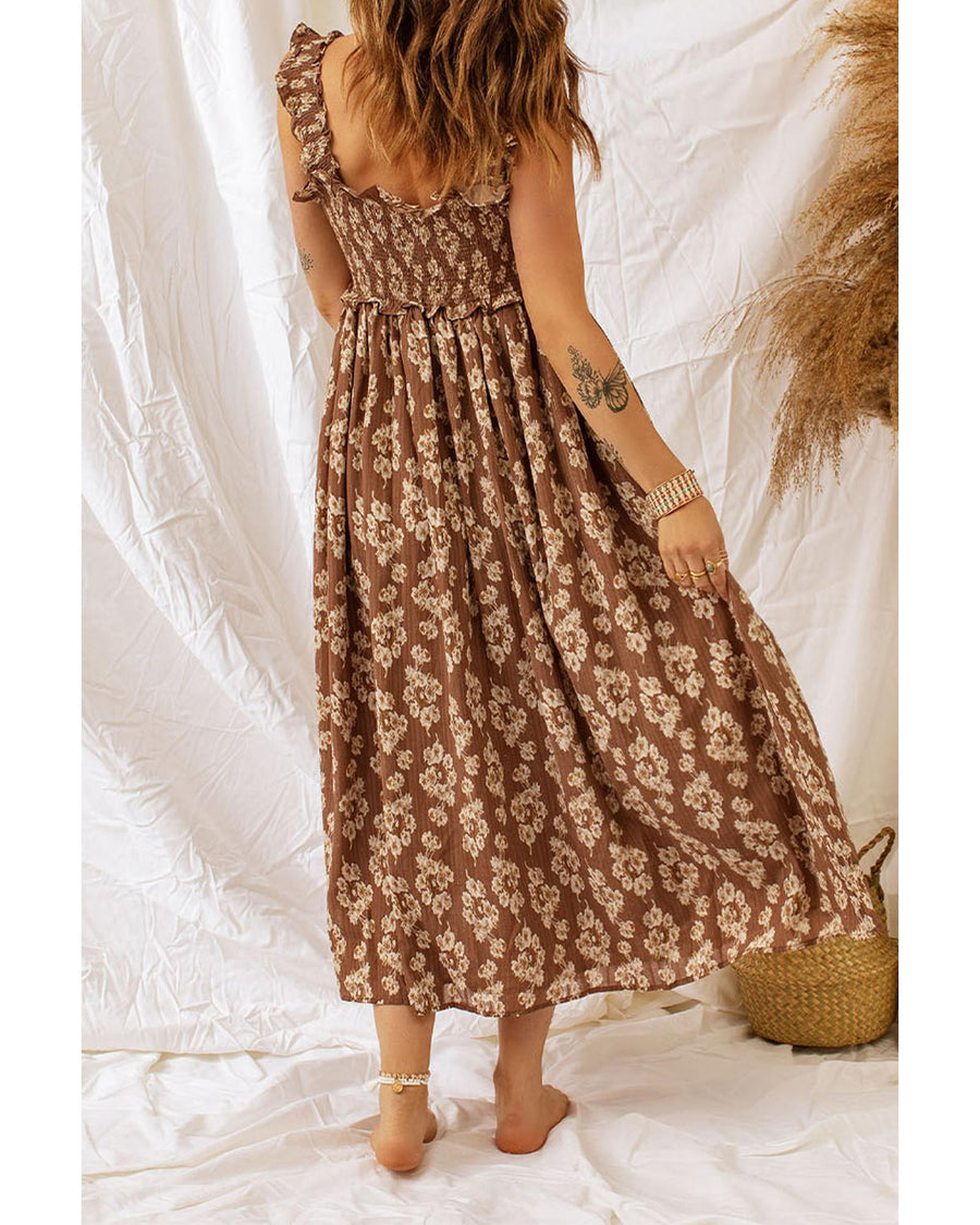 Brown Ruffled Straps Smocked Floral Maxi Dress - L