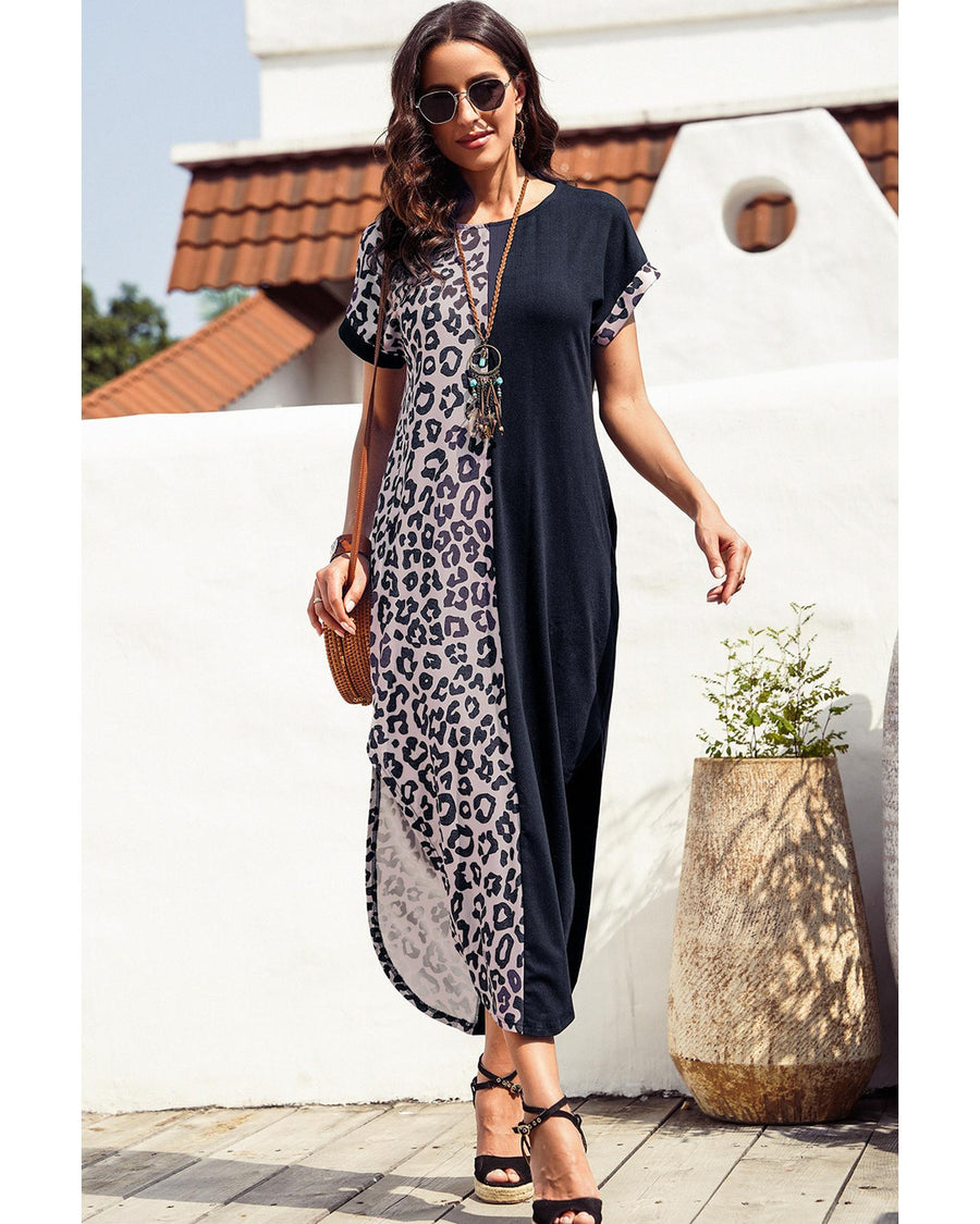 Black Contrast Solid Leopard Short Sleeve T-shirt Dress with Slits - S