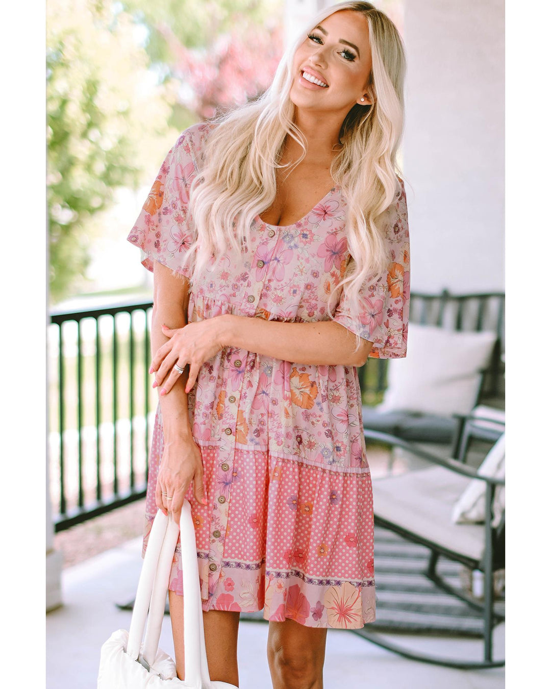 Multicolor Hibiscus Floral Print Ruffle Mini Dress - L