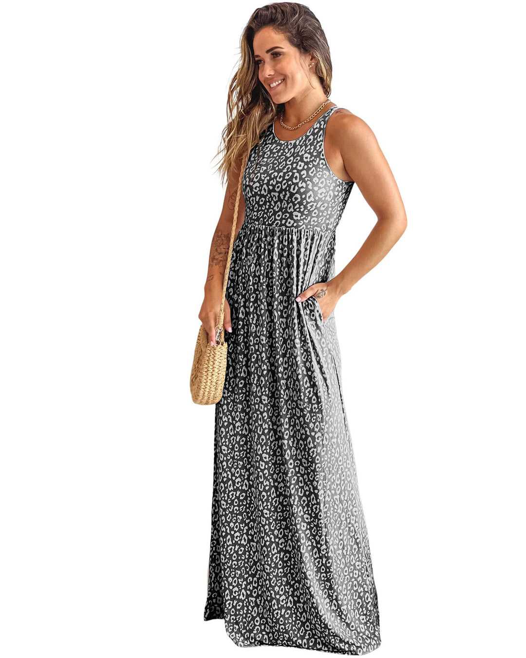 Azura Exchange Gray Leopard Print Pocketed Sleeveless Maxi Dress - M