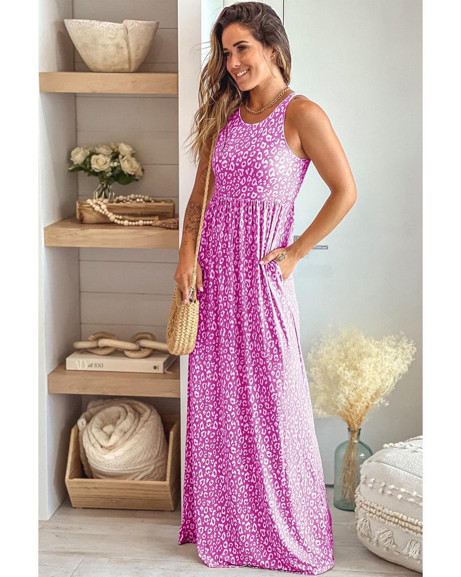Rose Leopard Print Pocketed Sleeveless Maxi Dress - M