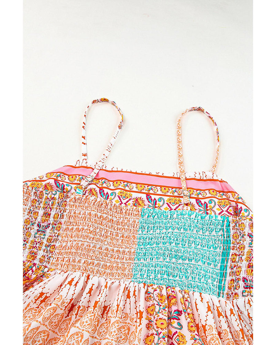 Multicolor Boho Patchwork Print Square Neck Sundress - L