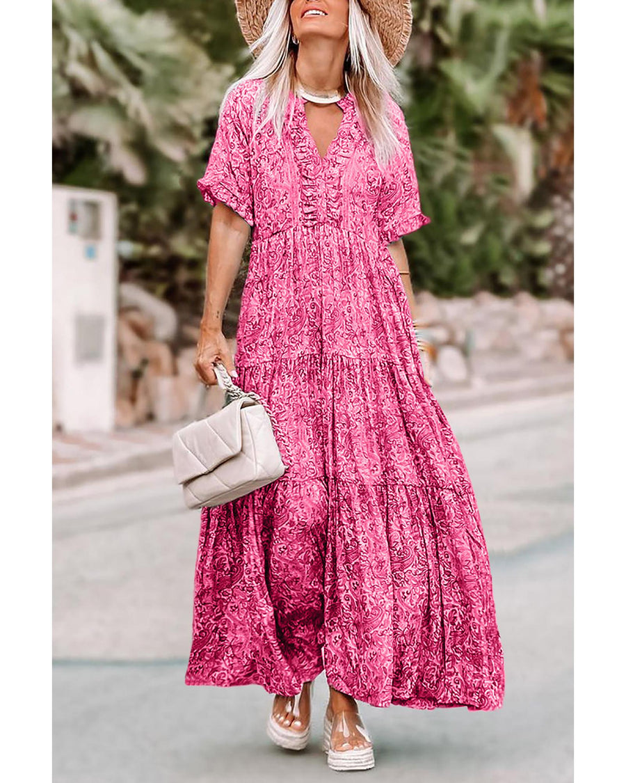 Pink Paisley Print Boho Holiday Ruffle Tiered Maxi Dress - XL