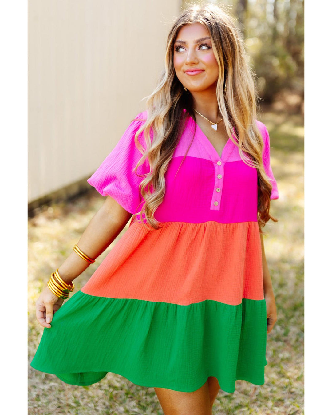 Multicolor Color Block Tiered Puff Sleeve Dress - S