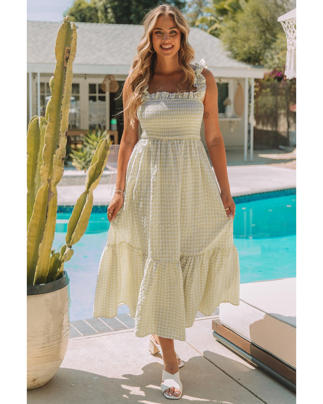 Khaki Plaid Ruffled Sleeve Smocked Maxi Dress - XL