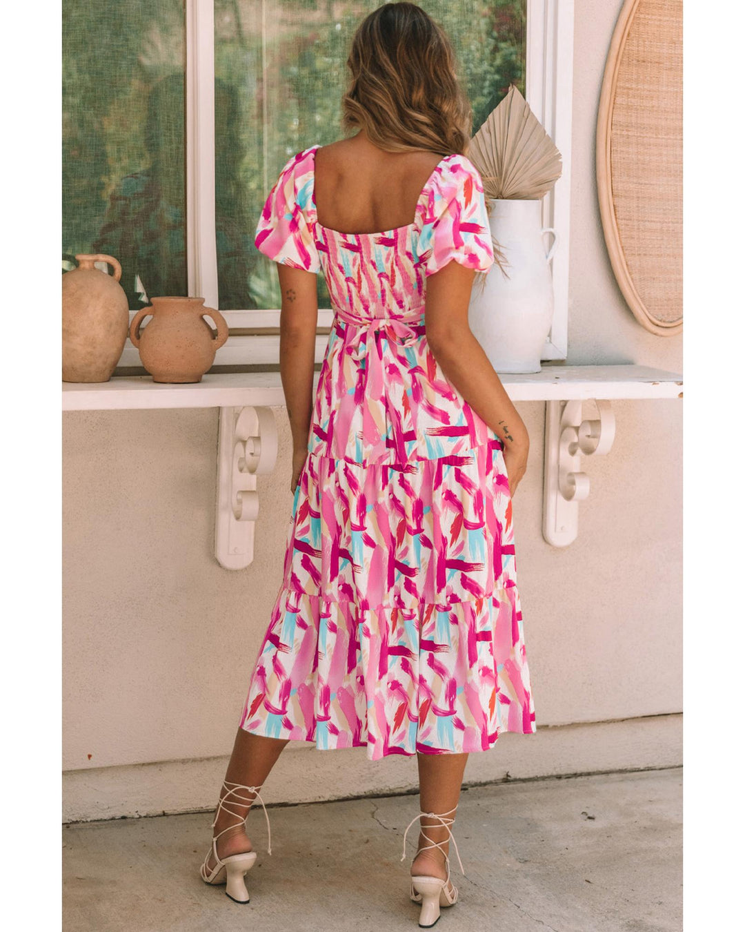 Pink Brush Stroke Printed Smocked Ruffle Tiered Dress - S