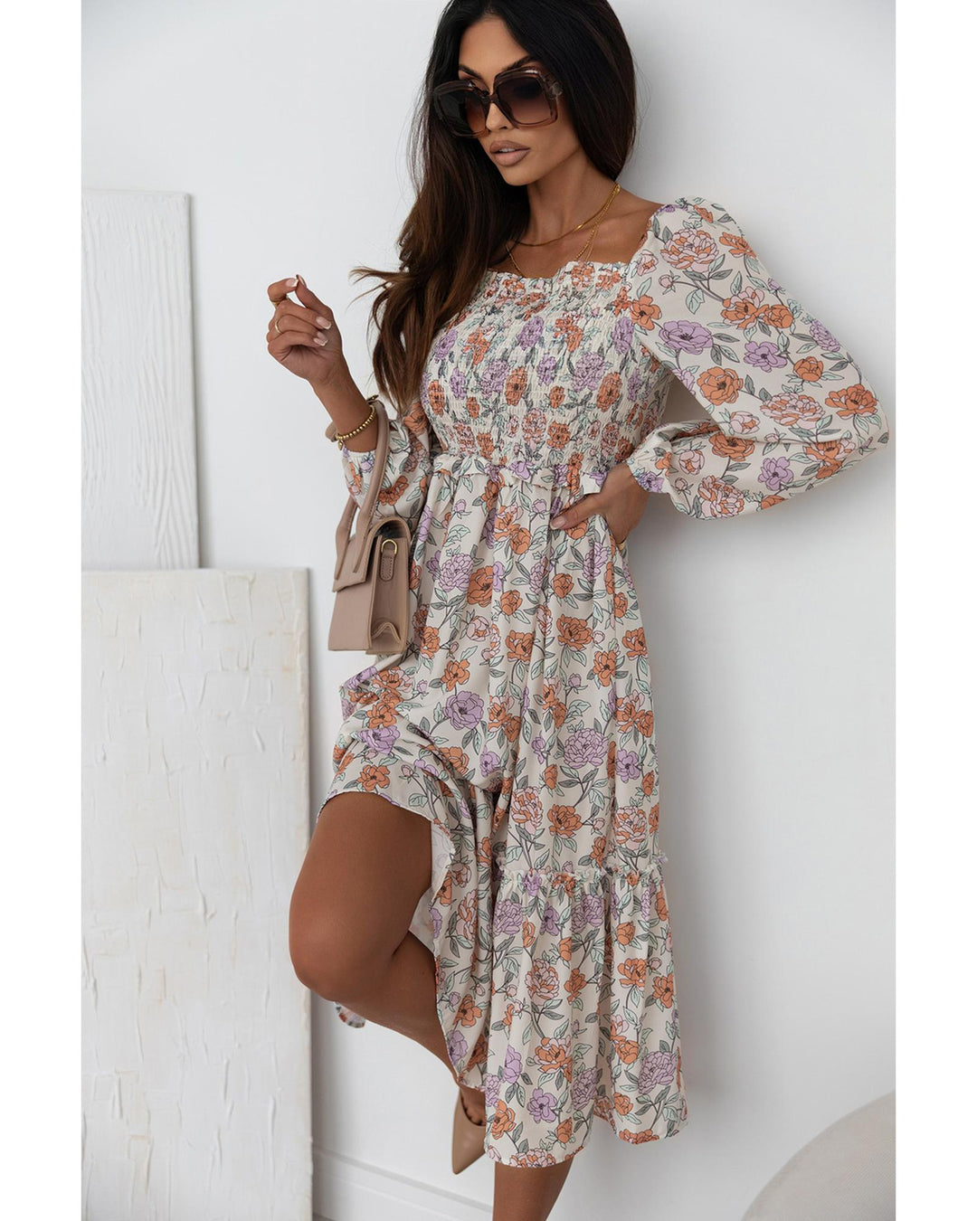 Azura Exchange Multicolor Floral Smocked Long Sleeve Pocketed Dress - L