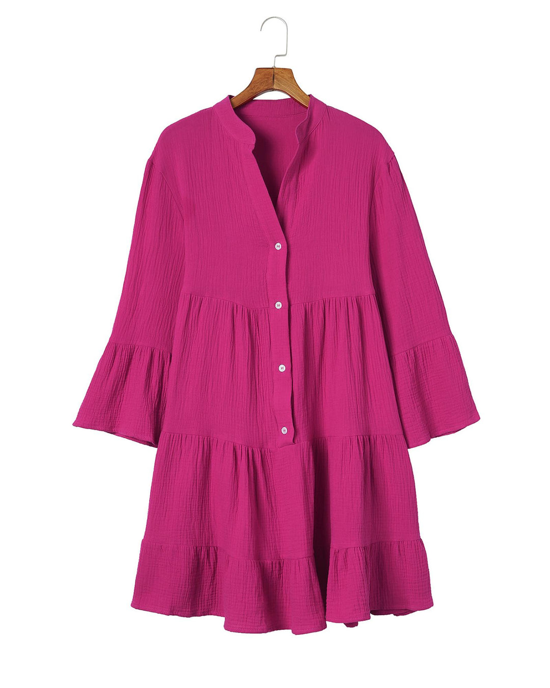 Rose Crinkled Tiered Split Neck Shirt Dress - S