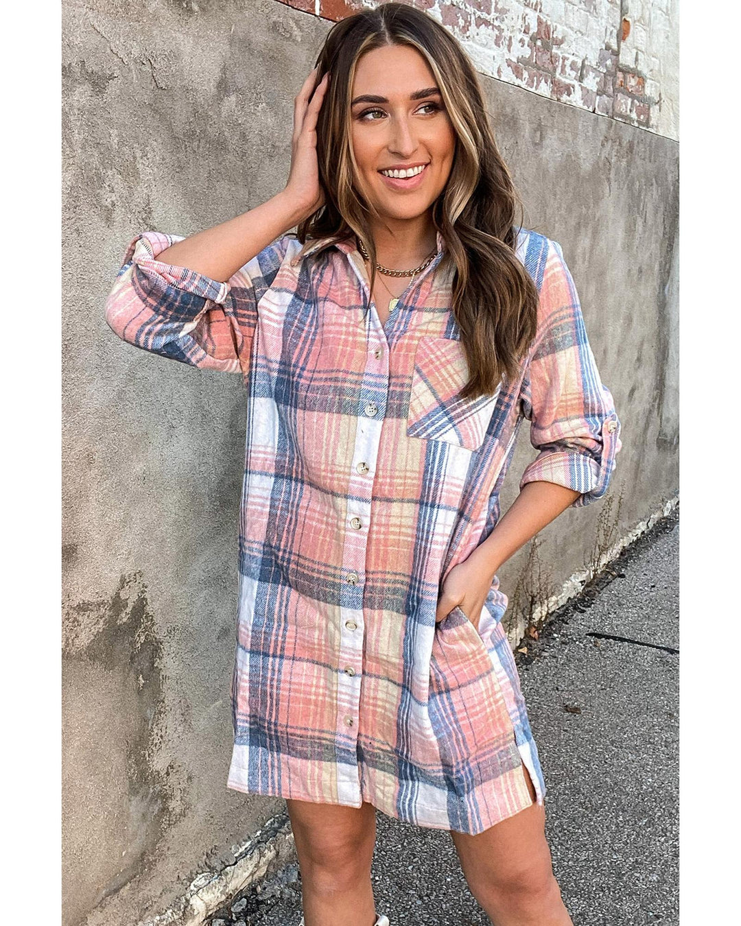 Azura Exchange Pink Plaid Roll-tab Sleeve Side Slit Shirt Dress - L