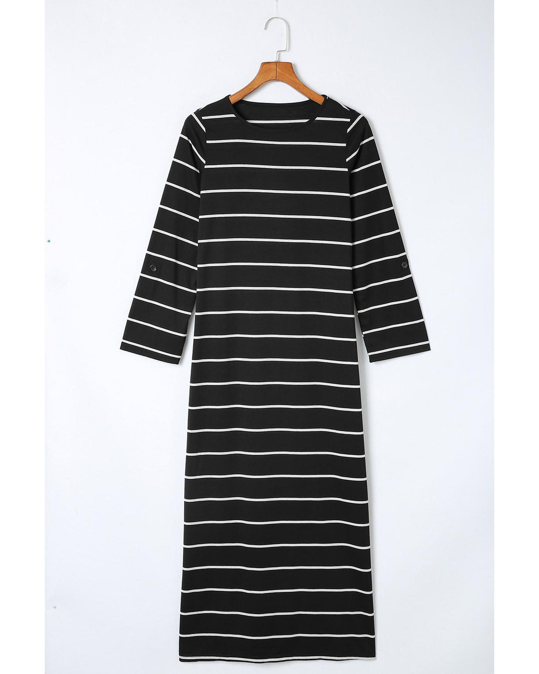Black Striped Casual Slit Long Dress - L