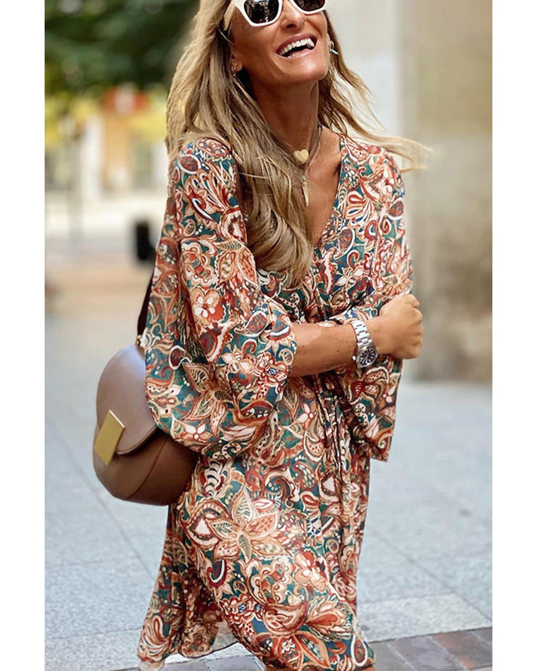 Brown Geometric Print Long Sleeve Surplice Flowy Dress - XL