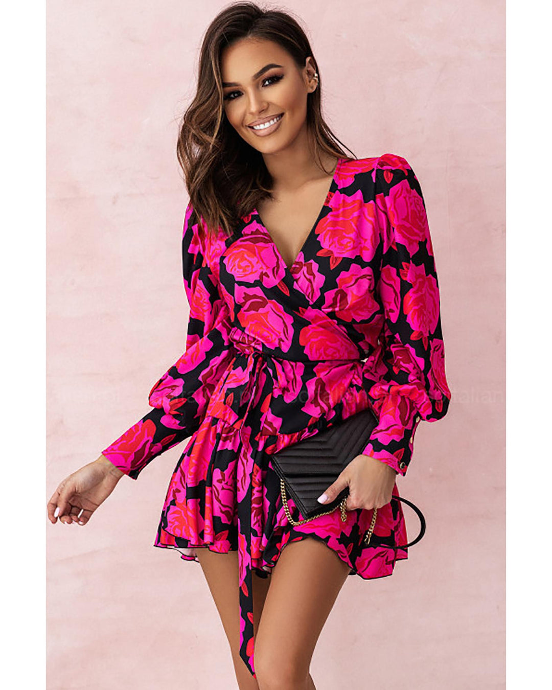 Rose Floral Print V Neck Wrap Bishop Sleeve Ruffle Tiered Mini Dress - M