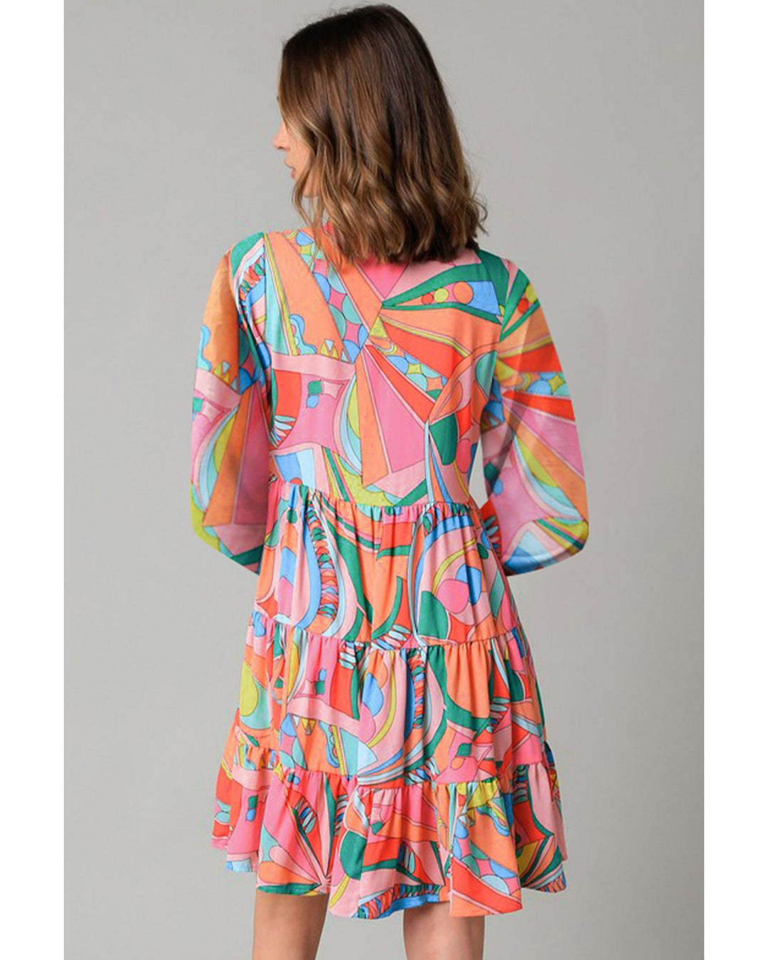 Multicolor Geometric Print Split Neck Ruffle Tiered Mini Dress - L