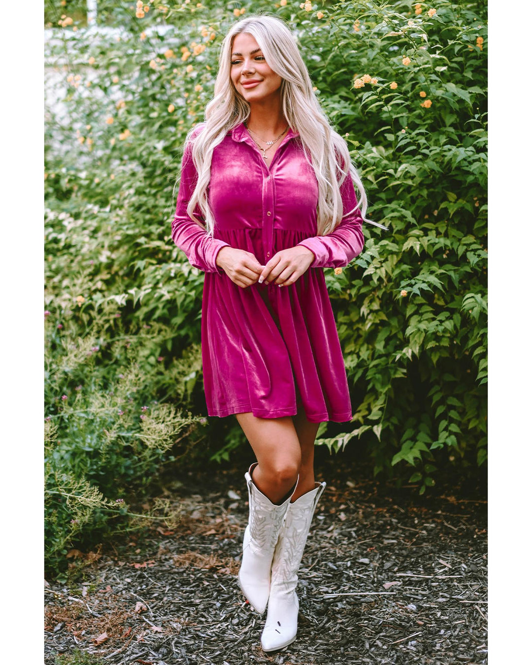 Azura Exchange Rose Long Sleeve Ruffle Velvet Button Up Dress - XL