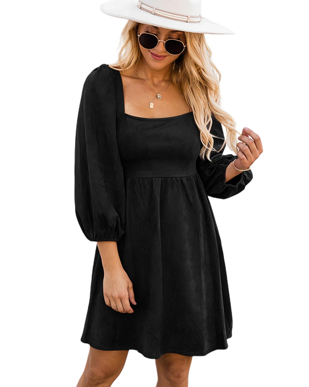Black Suede Square Neck Puff Sleeve Dress - L