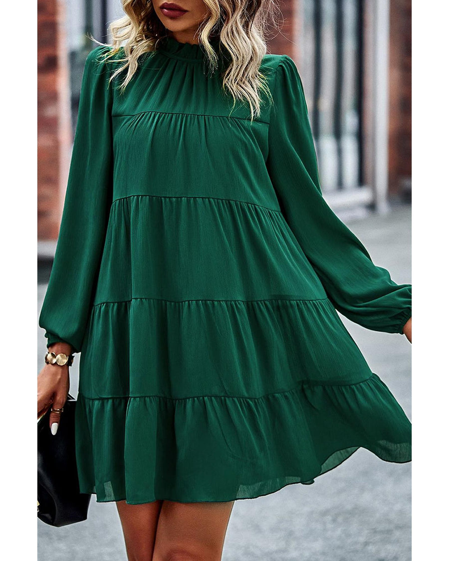 Green Puff Sleeve Mock Neck Back Knot Tiered Dress - XL