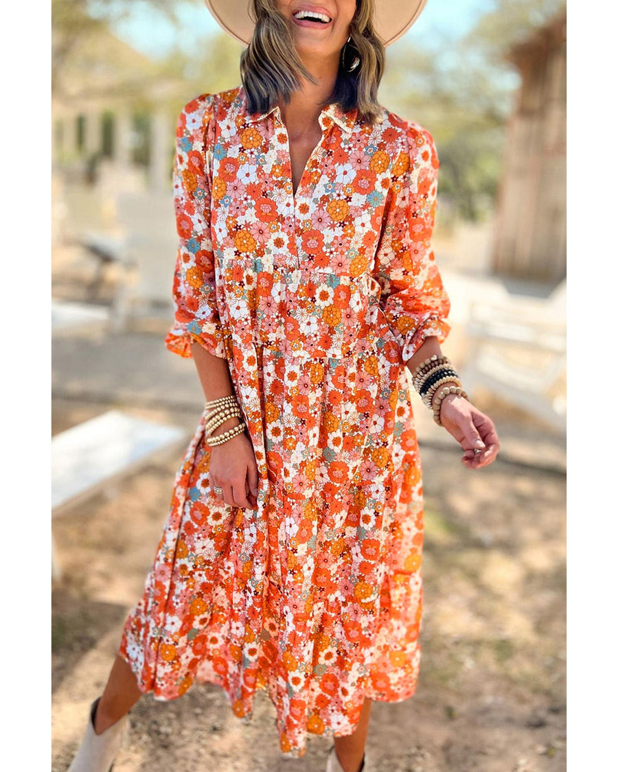 Azura Exchange Multicolor Boho Floral Collared Long Sleeve Ruffled Dress - L