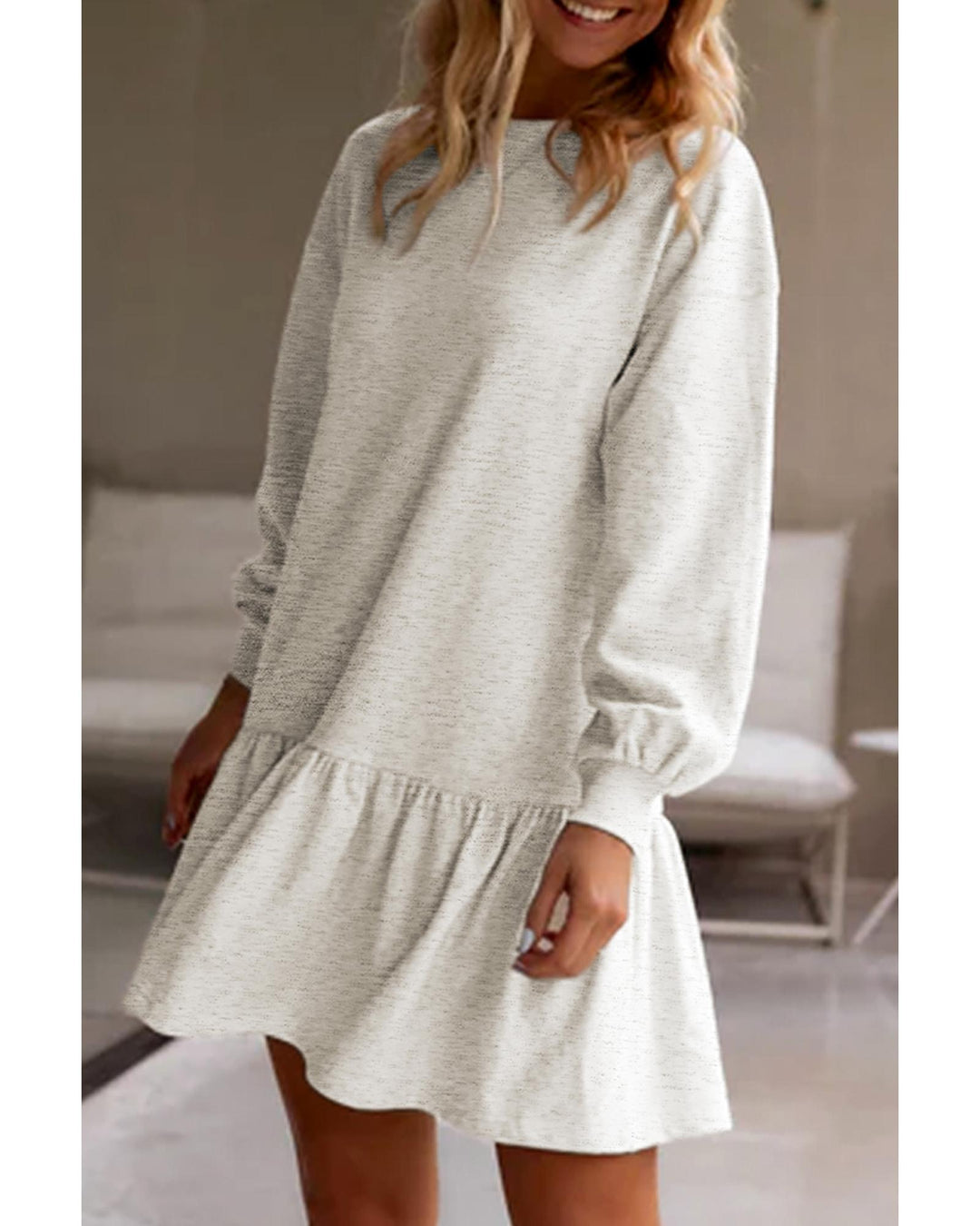 White Solid Color Puff Sleeve Ruffle Hem Mini Dress - S