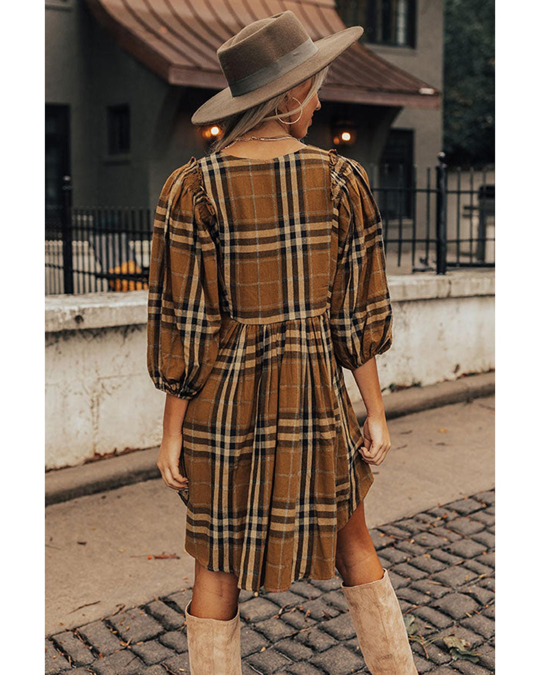 Brown Plaid Pattern Empire Waist Babydoll Dress - L