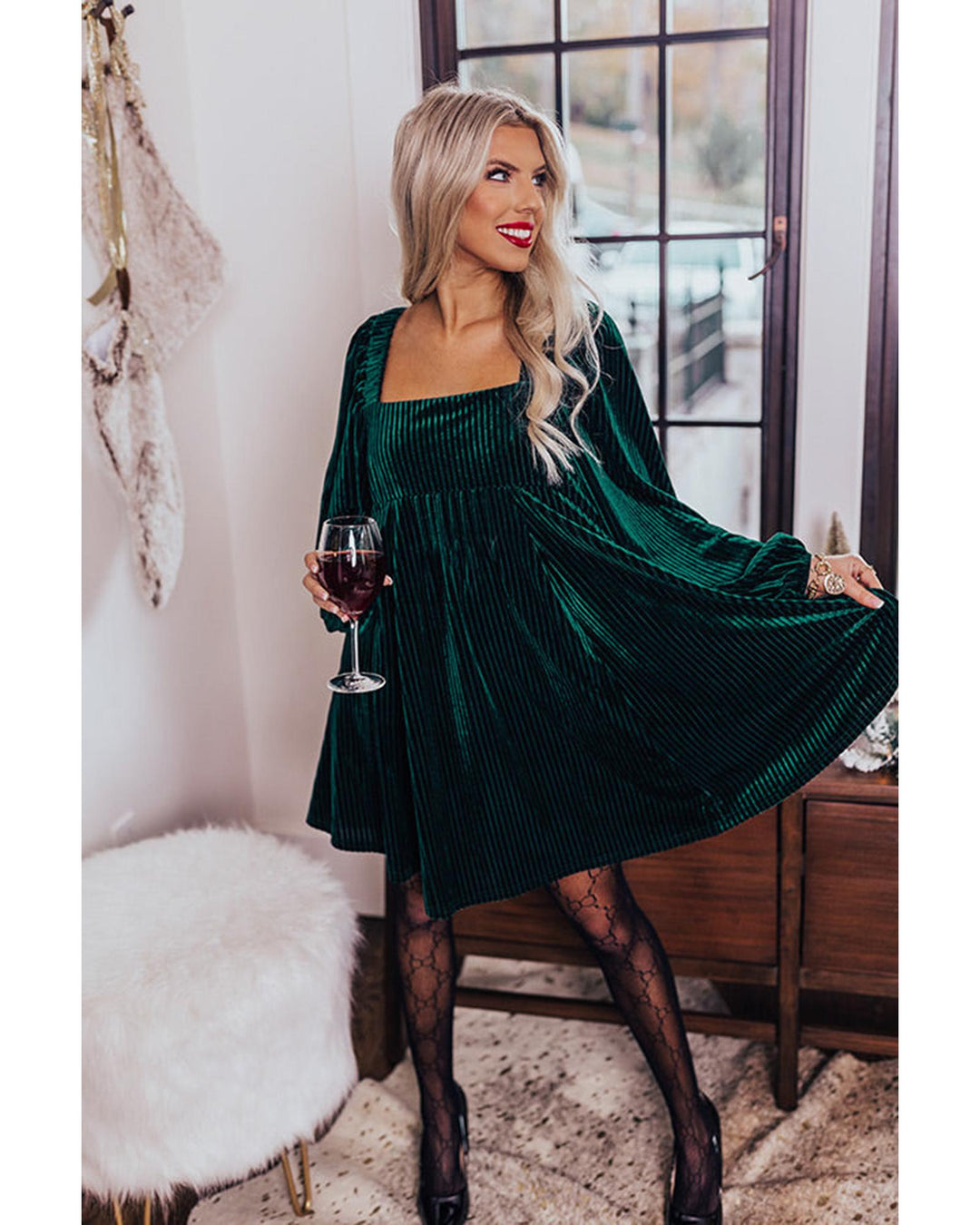 Azura Exchange Green Tie Back Square Neck Velvet Babydoll Dress - XL