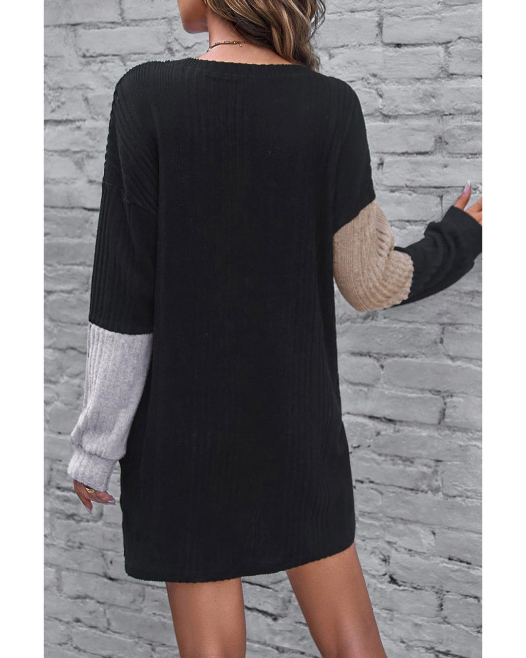 Black Ribbed Color Block Drop Shoulder Long Sleeve Mini Dress - XL