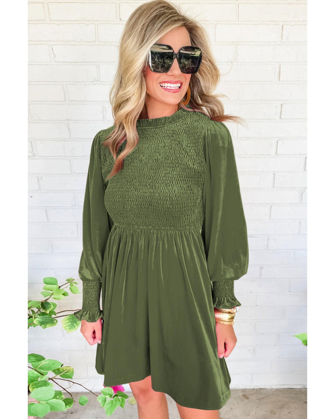 Moss Green Frilled Neck Smocked Bodice Velvet Dress - L