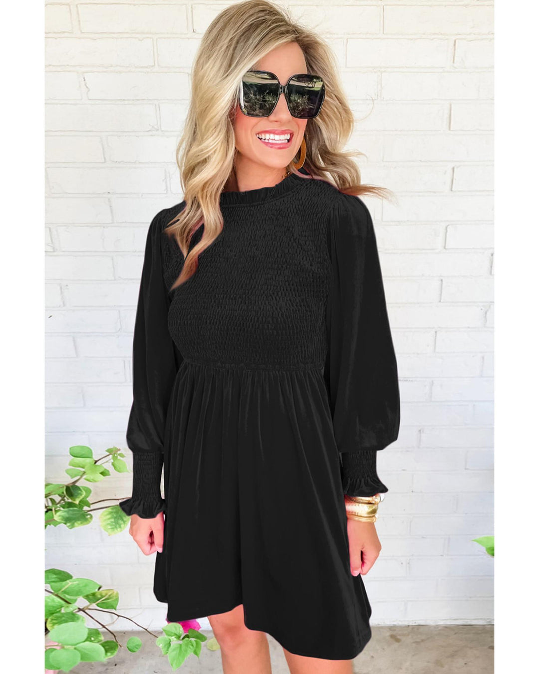 Black Frilled Neck Smocked Bodice Velvet Dress - L