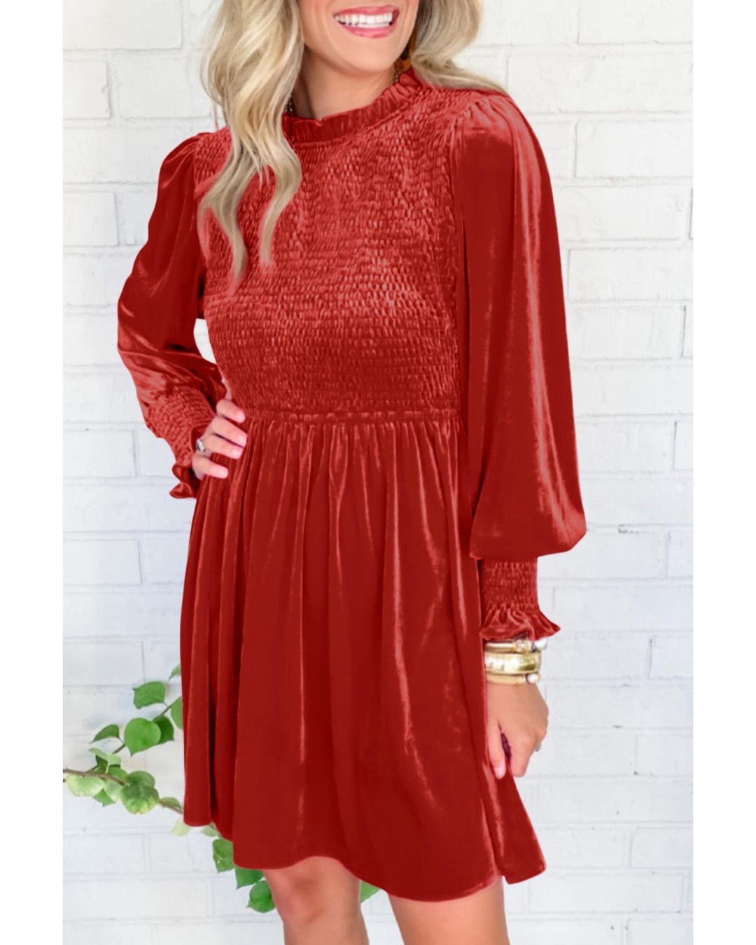 Red Clay Frilled Neck Smocked Bodice Velvet Dress - XL