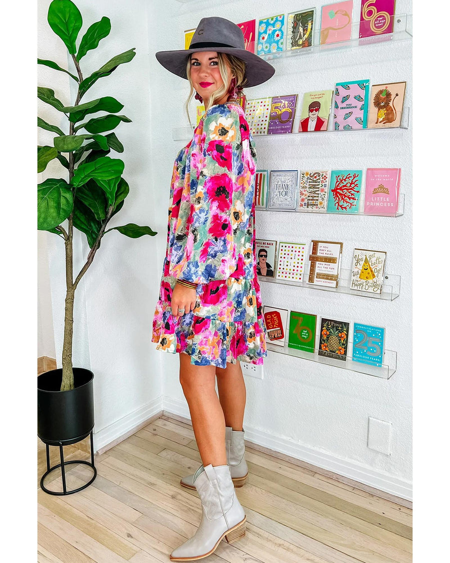 Multicolour Floral Tie Neck Bubble Sleeve Shift Dress - S