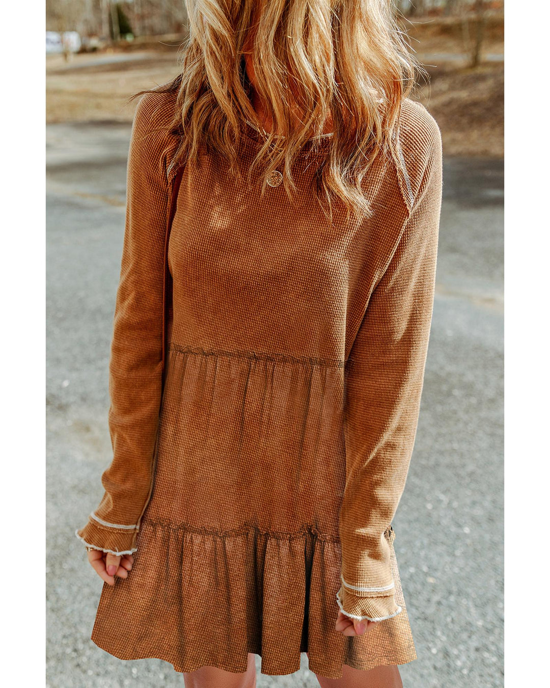 Chestnut Textured Tiered Ruffled Long Sleeve Mini Dress - XL