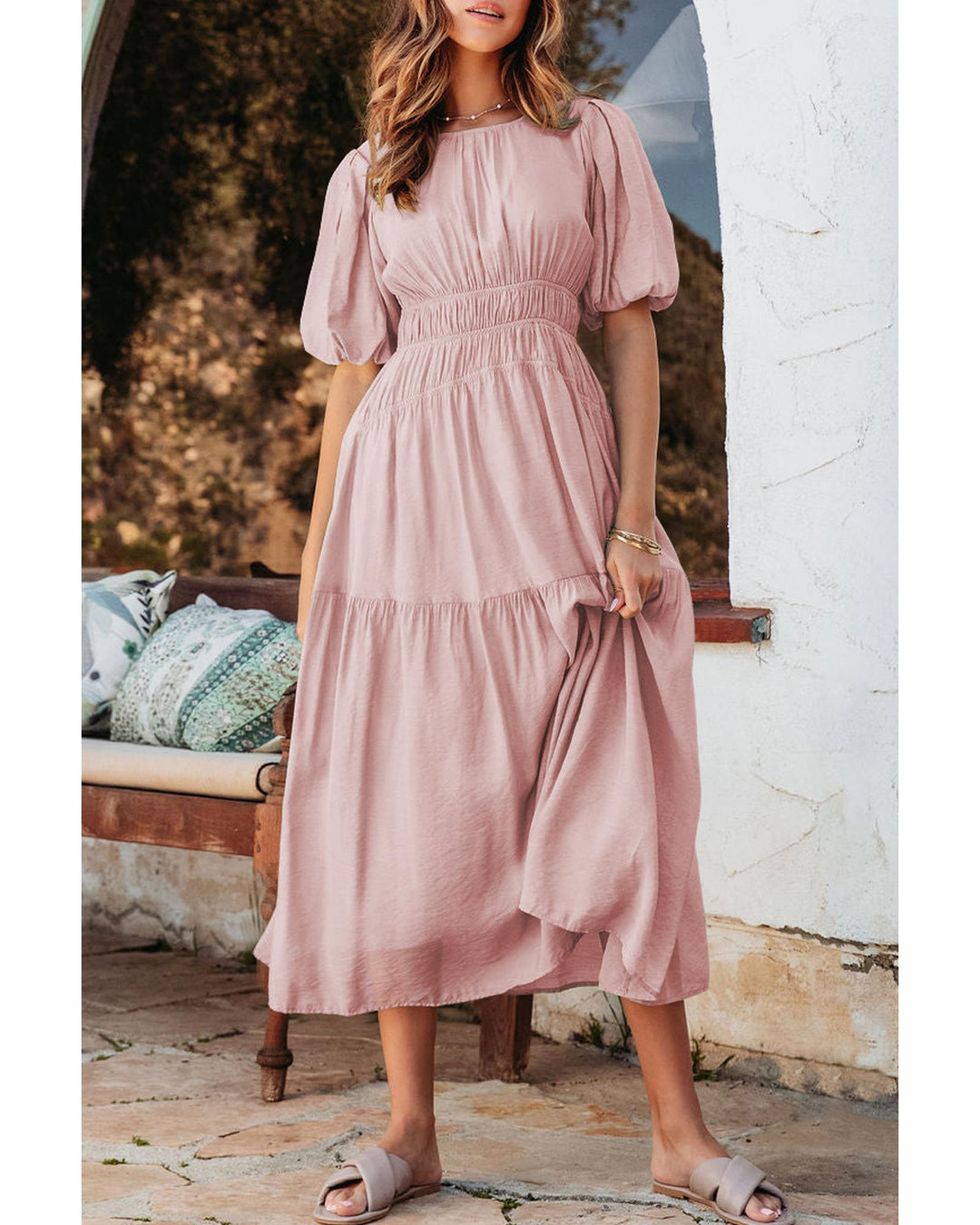 Pink Puff Sleeve Pleated High Waist Flowy Long Dress - M