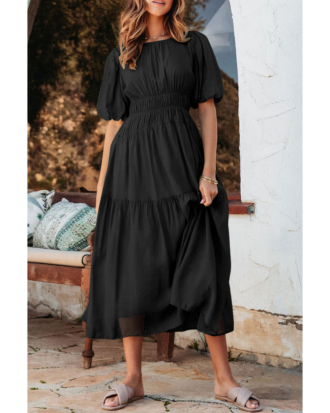 Black Puff Sleeve Pleated High Waist Flowy Long Dress - M