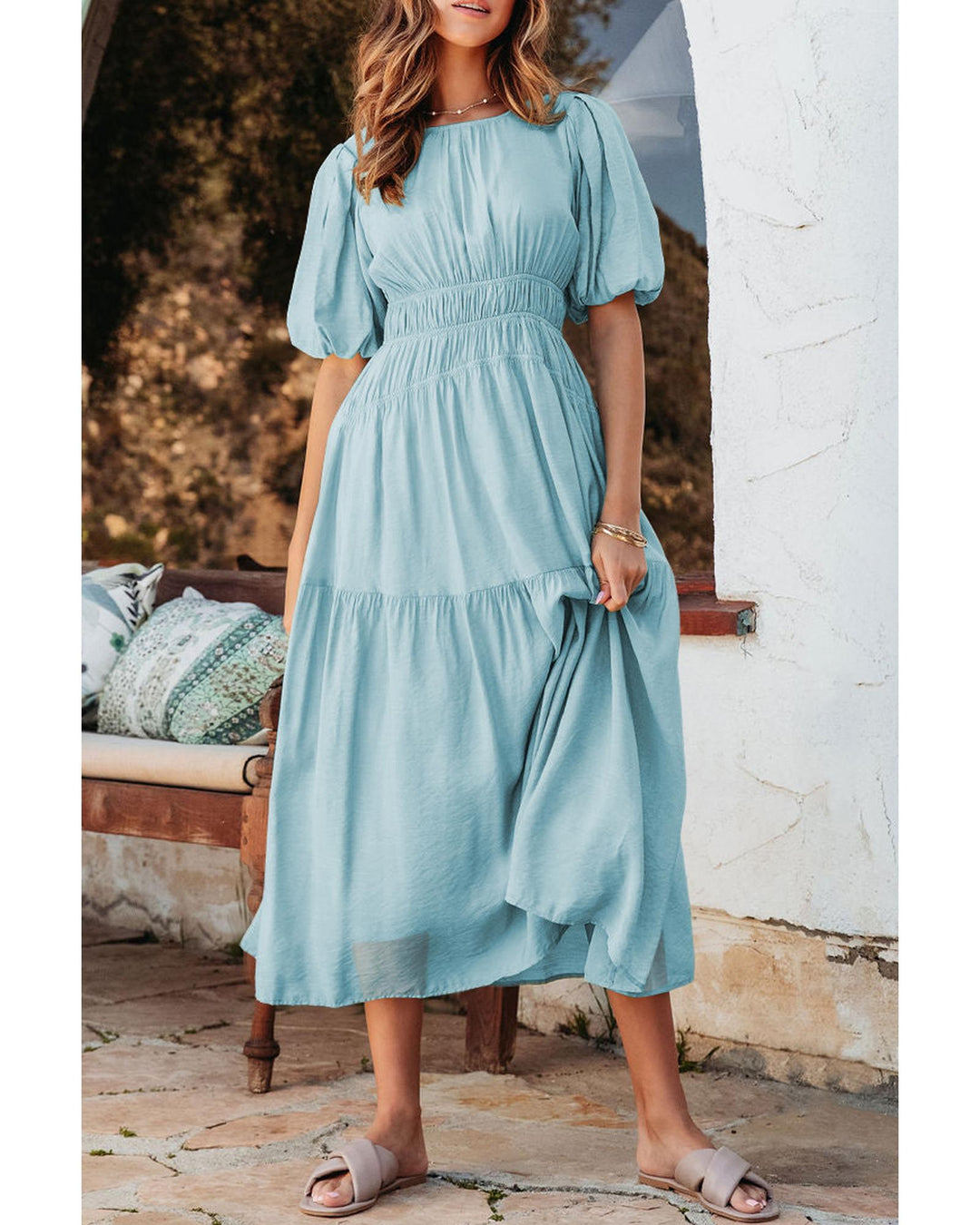 Light Blue Puff Sleeve Pleated High Waist Flowy Long Dress - XL