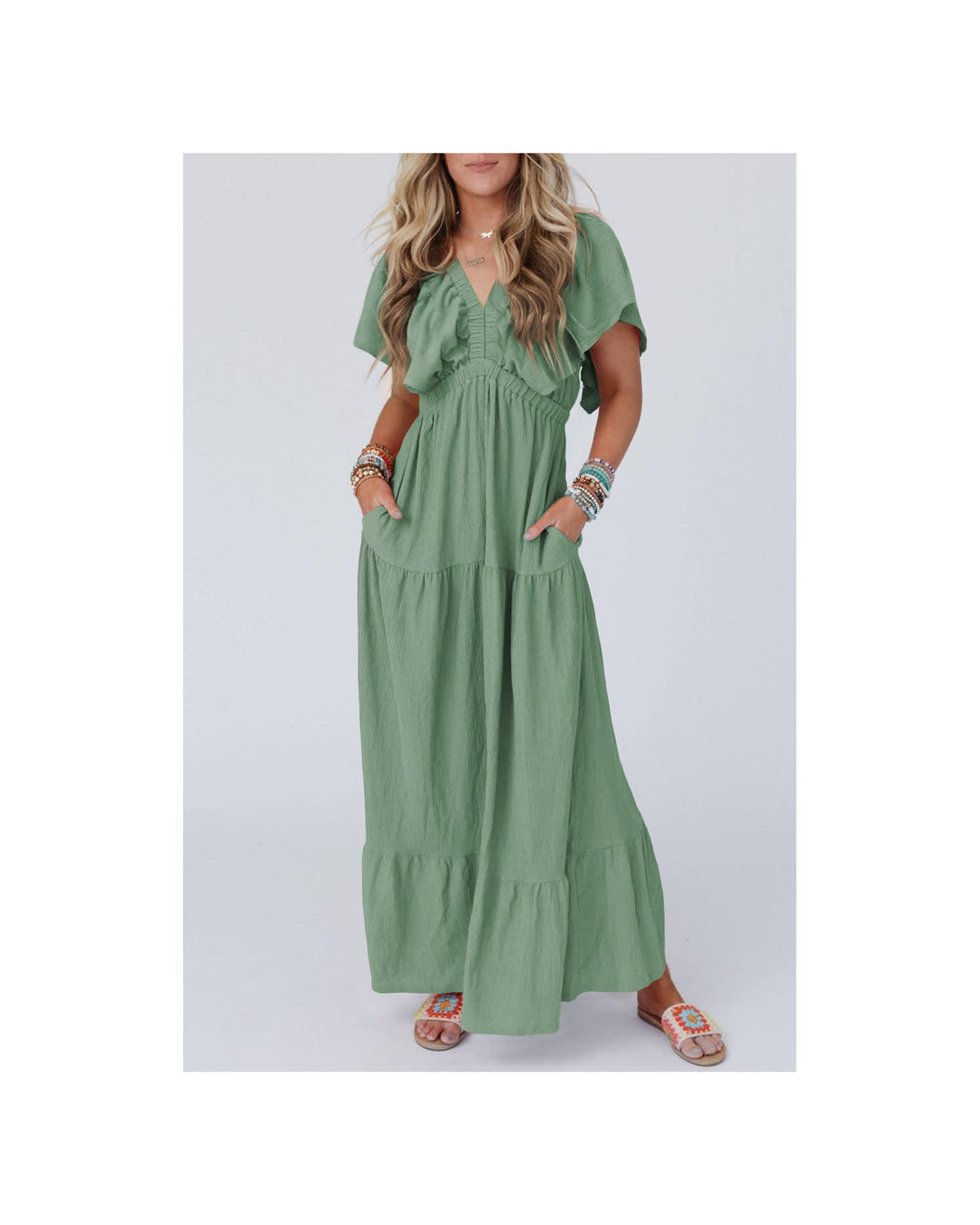 Grass Green Textured V Neck Flutter Sleeve Ruffled Maxi Dress - S