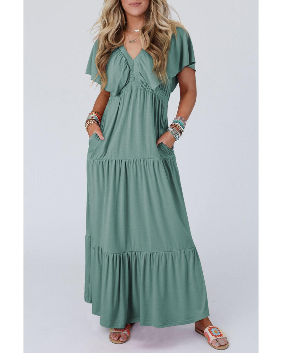 Green Textured V Neck Flutter Sleeve Ruffled Maxi Dress - 2XL