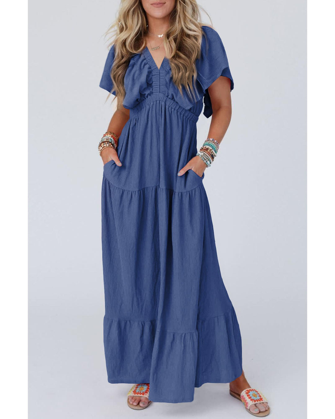 Navy Blue Textured V Neck Flutter Sleeve Ruffled Maxi Dress - L