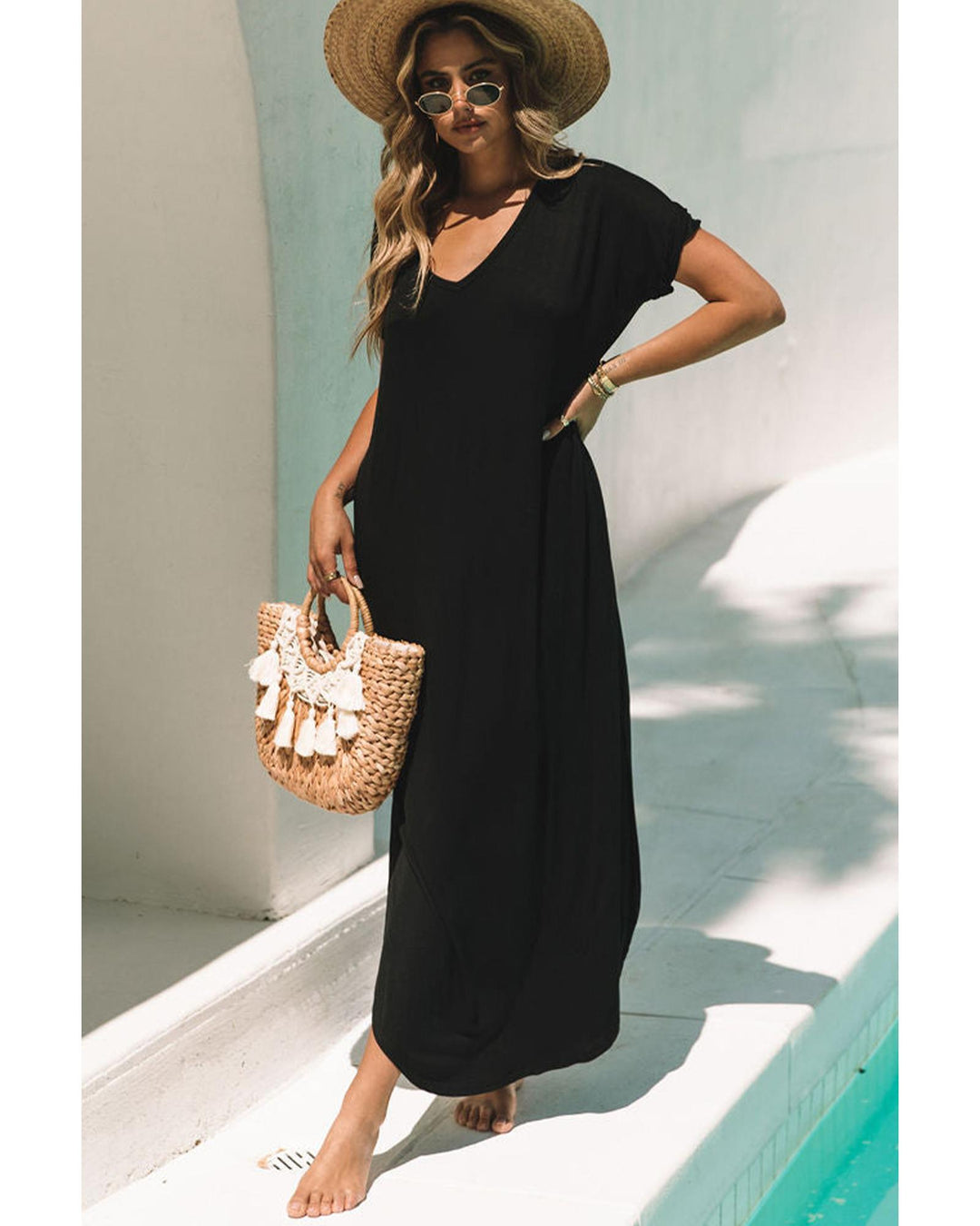 Black V Neck Hidden Pocket Splits Maxi T-shirt Dress - M