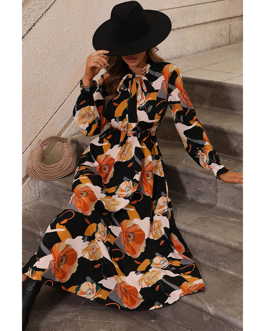 Orange Floral Print Tie Neck Long Sleeve Dress - L