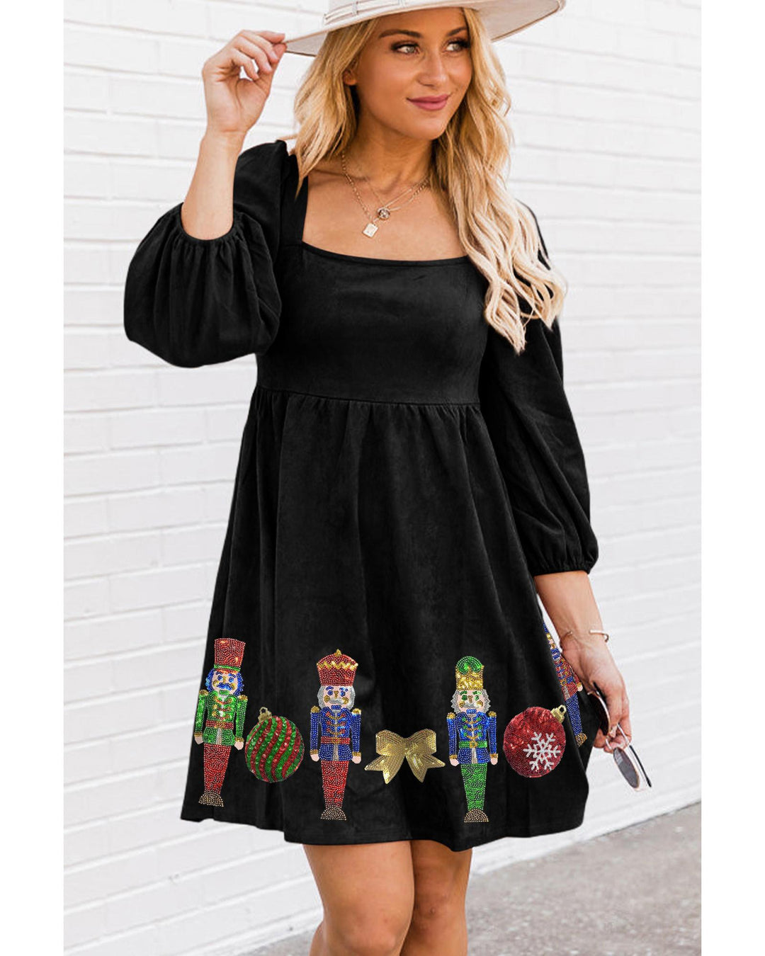 Black Sequined Christmas Nutcracker Square Neck Mini Dress - L