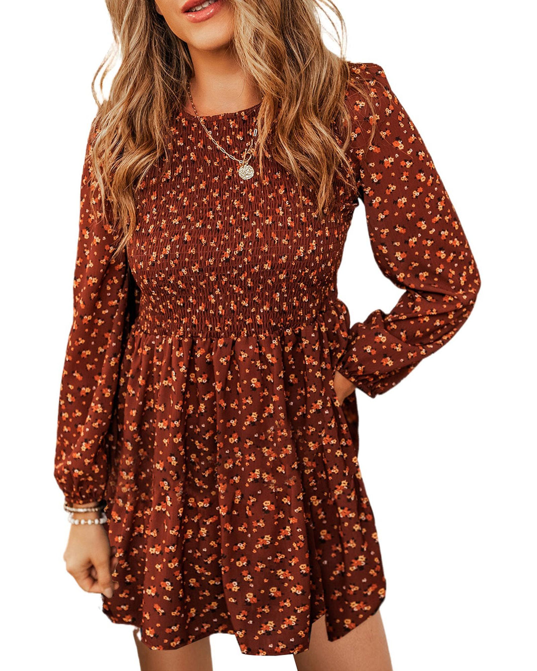 Brown Floral Smocked Bodice Mini Dress - M