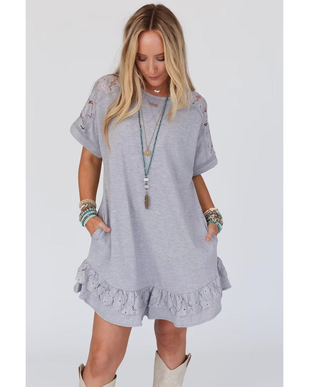 Light Grey Lace Floral Patchwork Ruffled T-shirt Dress - M