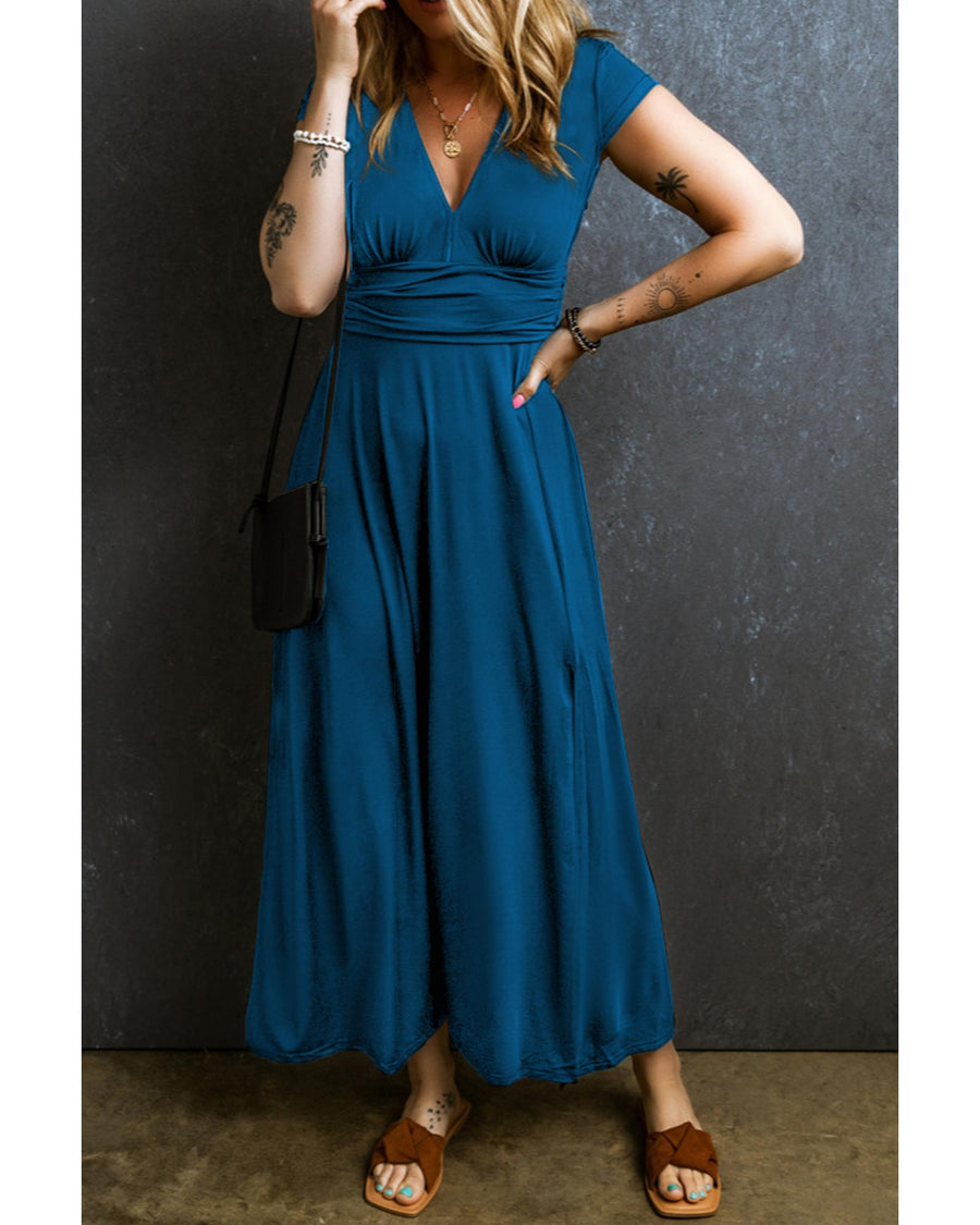 Peacock Blue Short Sleeve Shirred High Waist V Neck Maxi Dress - S