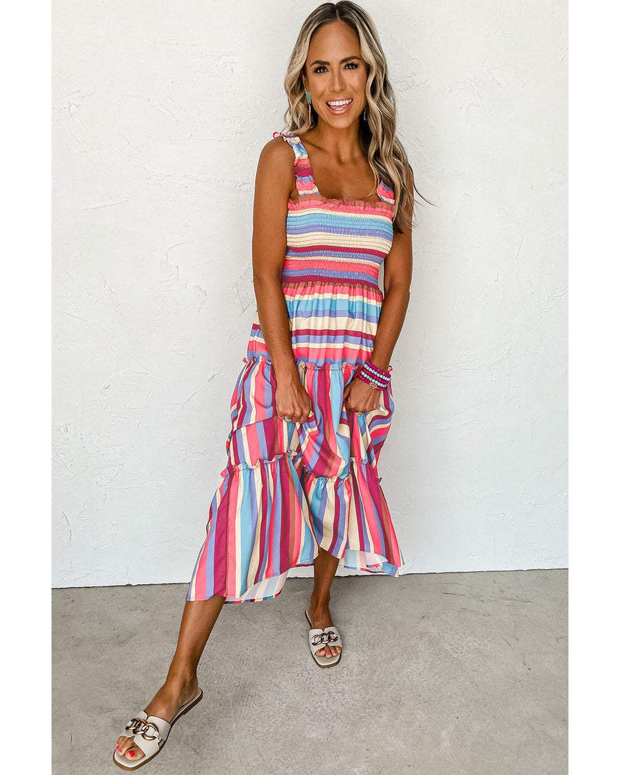 Red Stripe Ruffled Straps Smocked Tiered Long Dress - L